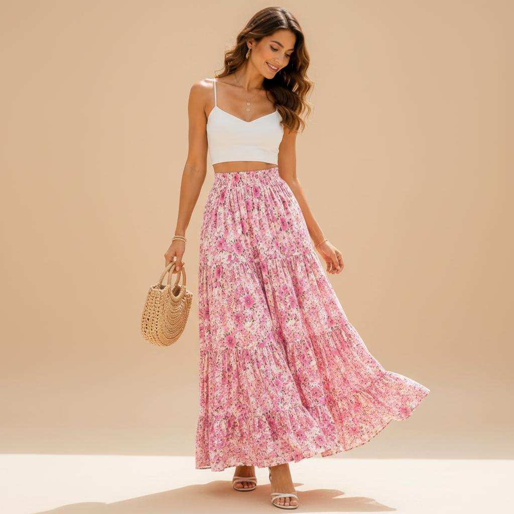 A woman modeling a white crop top and a long pink floral maxi skirt, holding a woven straw bag against a solid beige studio background.
