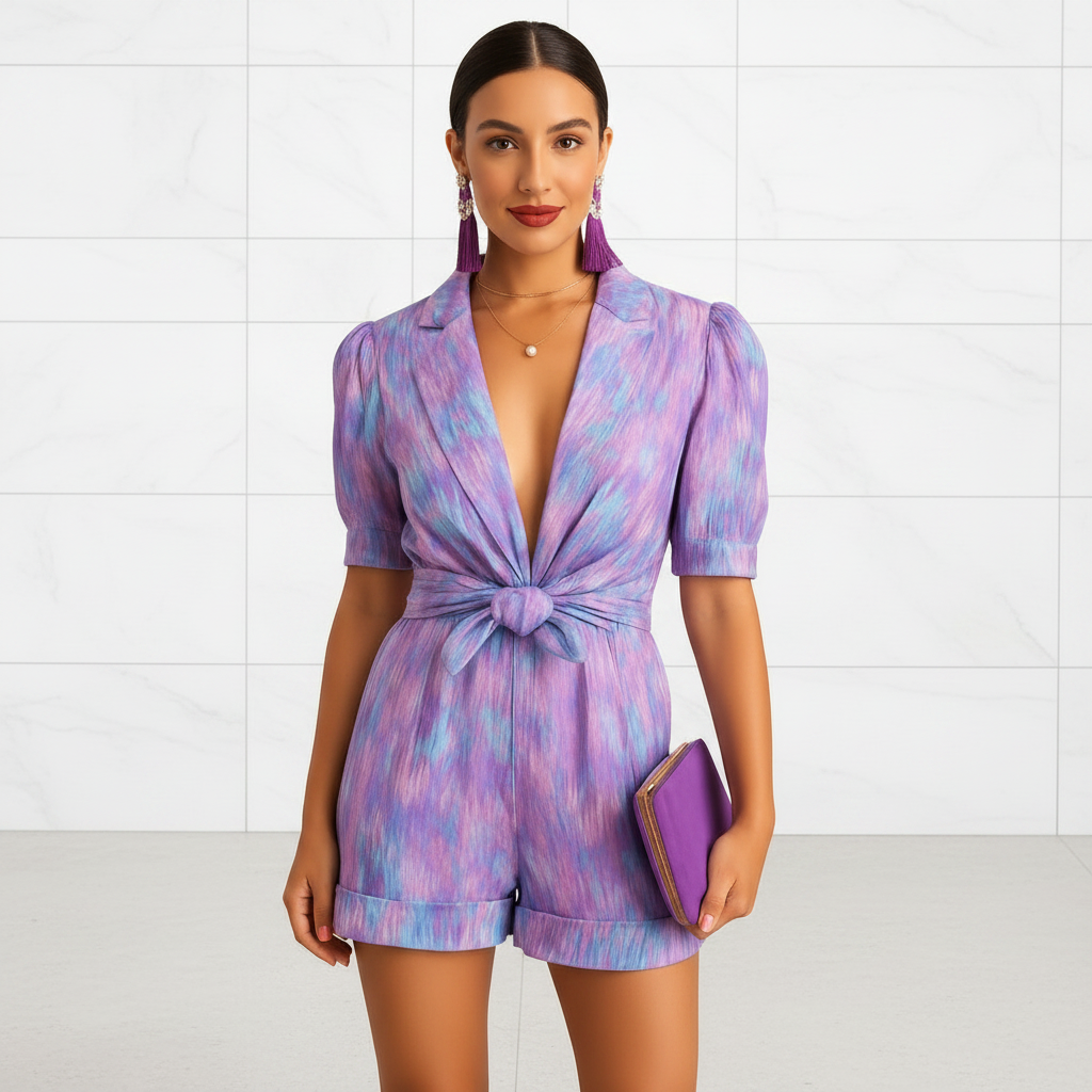 Women's Printed Short Jumpsuit with Belted Waist